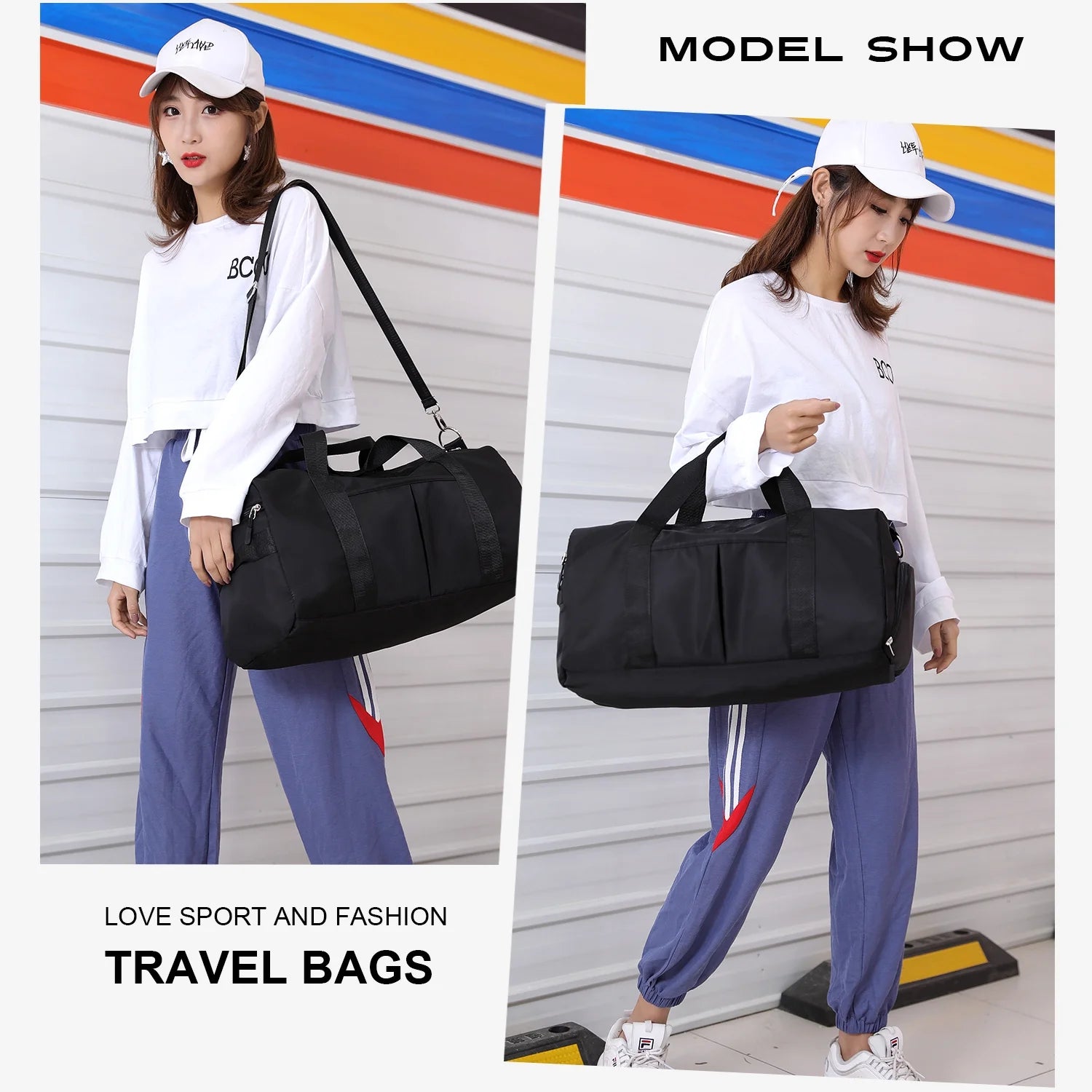 Sports Gym Bag Lightweight Travel Duffel Handbag with Dry Wet Pocket & Shoes Compartment (Black)