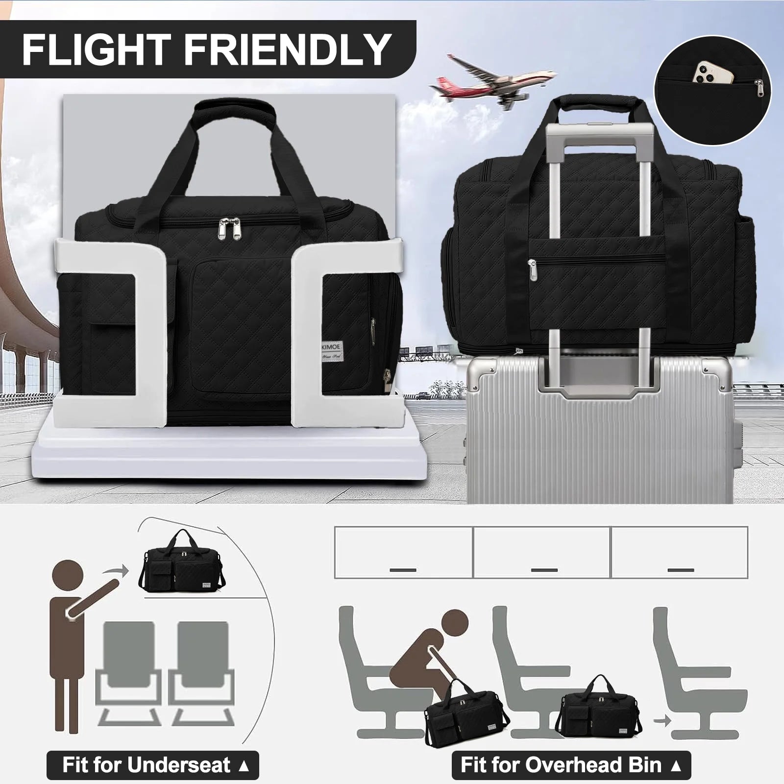 Travel Duffle Bag for Women Men, Weekender Overnight Bags Carry on Gym Bag with Wet Pocket/Adjustable Strap/Shoe Compartment, Foldable Waterproof Duffel Tote for Plane Sports Dance, Black