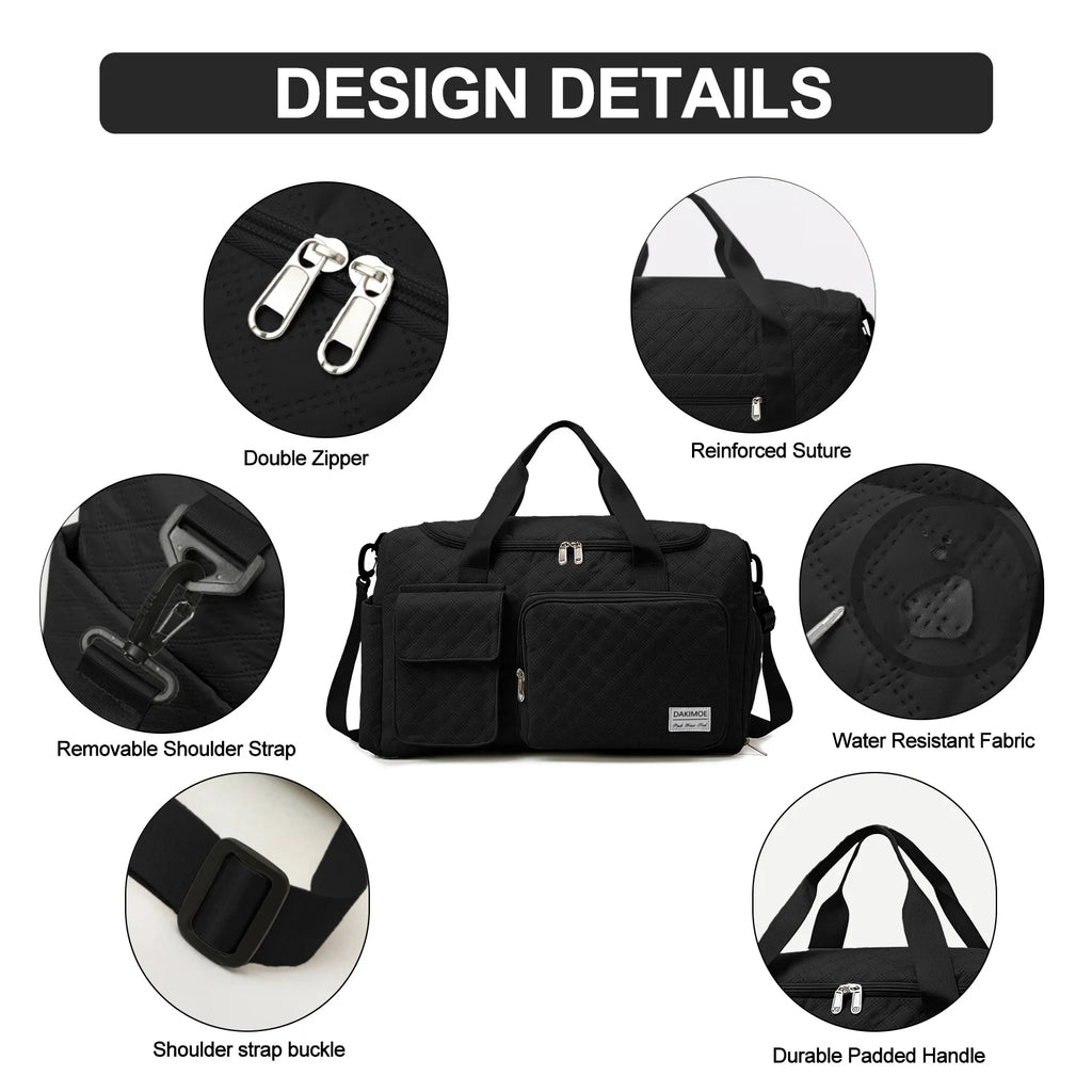 Travel Duffle Bag for Women Men, Weekender Overnight Bags Carry on Gym Bag with Wet Pocket/Adjustable Strap/Shoe Compartment, Foldable Waterproof Duffel Tote for Plane Sports Dance, Black