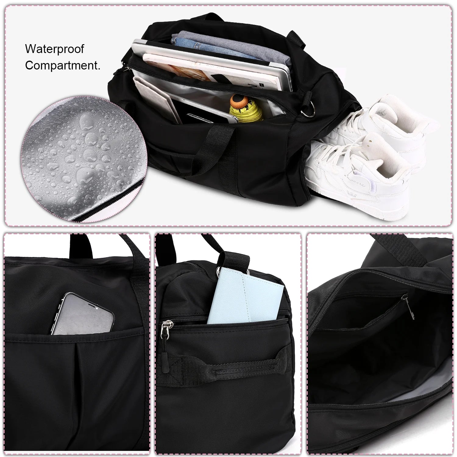 Sports Gym Bag Lightweight Travel Duffel Handbag with Dry Wet Pocket & Shoes Compartment (Black)