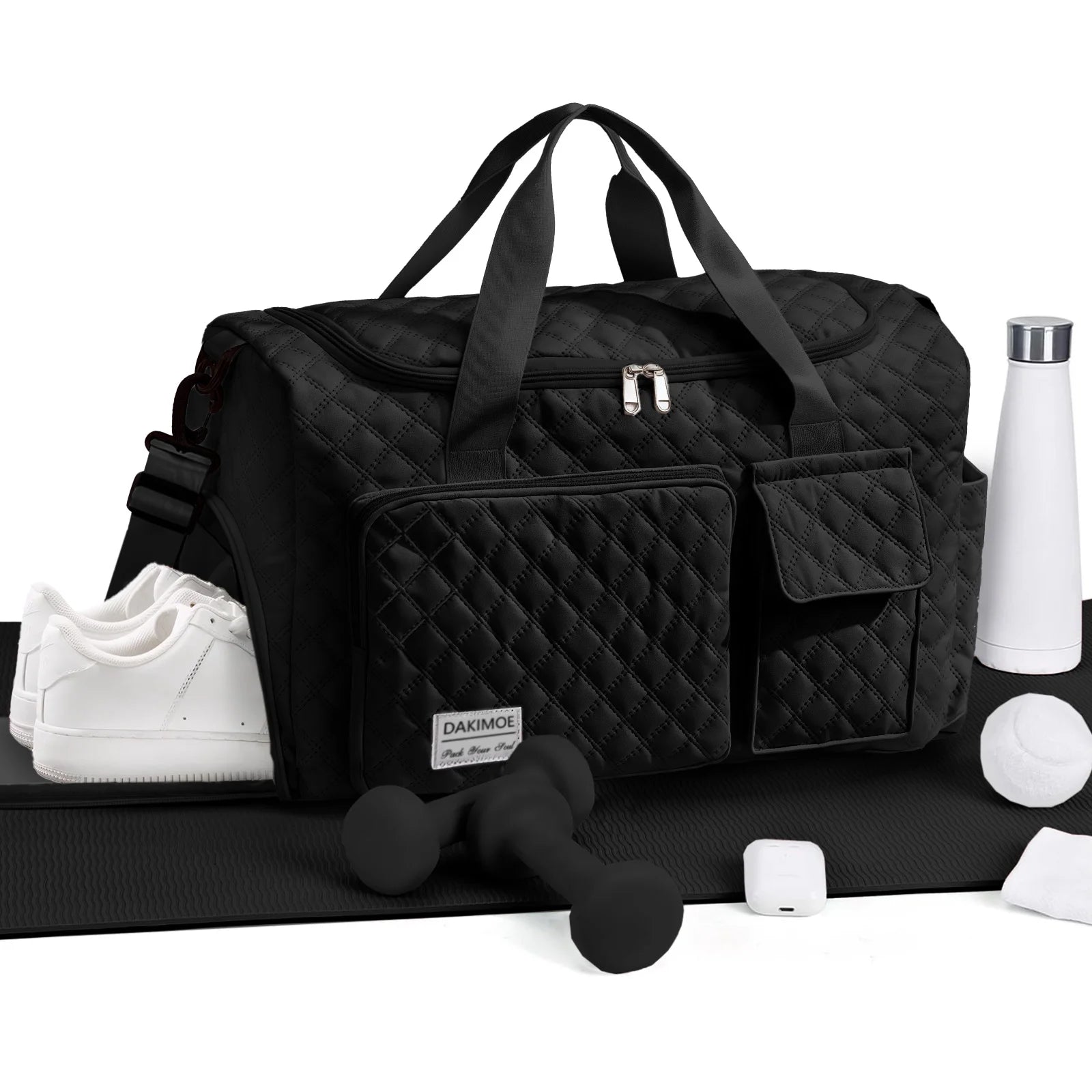 Travel Duffle Bag for Women Men, Weekender Overnight Bags Carry on Gym Bag with Wet Pocket/Adjustable Strap/Shoe Compartment, Foldable Waterproof Duffel Tote for Plane Sports Dance, Black