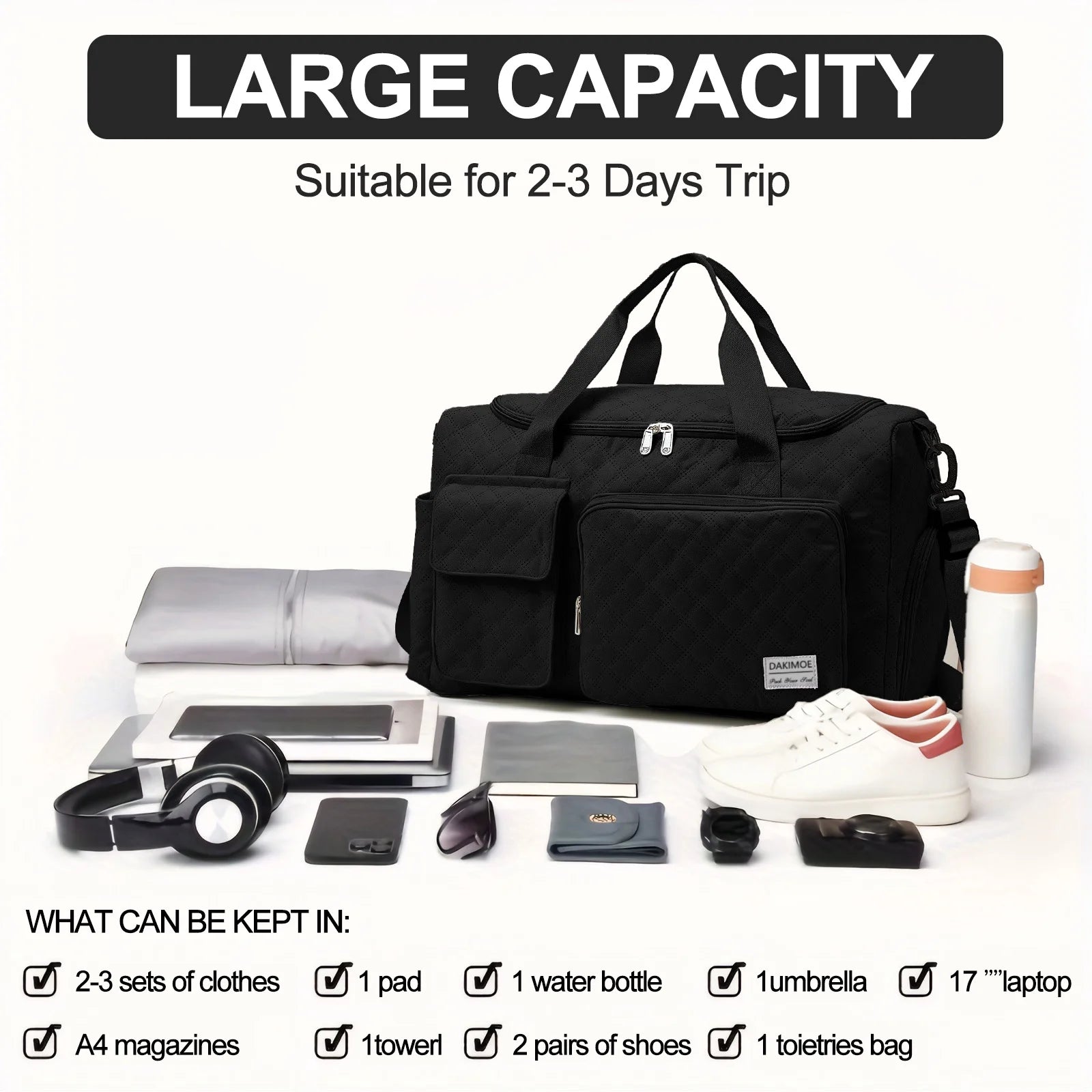 Travel Duffle Bag for Women Men, Weekender Overnight Bags Carry on Gym Bag with Wet Pocket/Adjustable Strap/Shoe Compartment, Foldable Waterproof Duffel Tote for Plane Sports Dance, Black