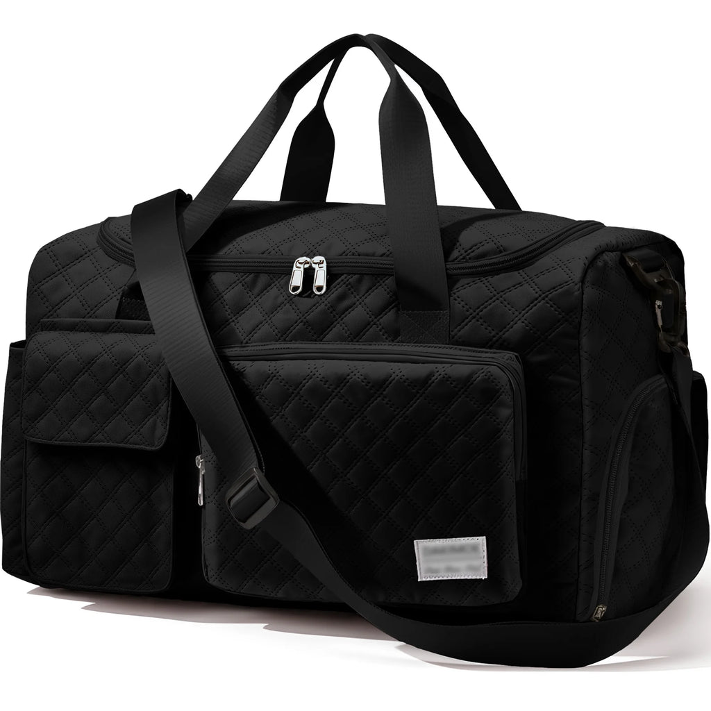 Travel Duffle Bag for Women Men, Weekender Overnight Bags Carry on Gym Bag with Wet Pocket/Adjustable Strap/Shoe Compartment, Foldable Waterproof Duffel Tote for Plane Sports Dance, Black