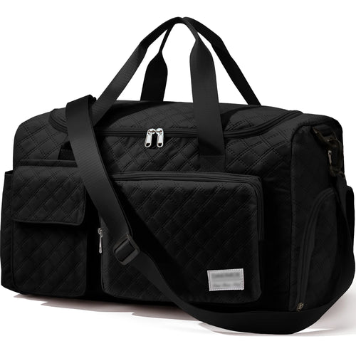 Travel Duffle Bag for Women Men, Weekender Overnight Bags Carry on Gym Bag with Wet Pocket/Adjustable Strap/Shoe Compartment, Foldable Waterproof Duffel Tote for Plane Sports Dance, Black