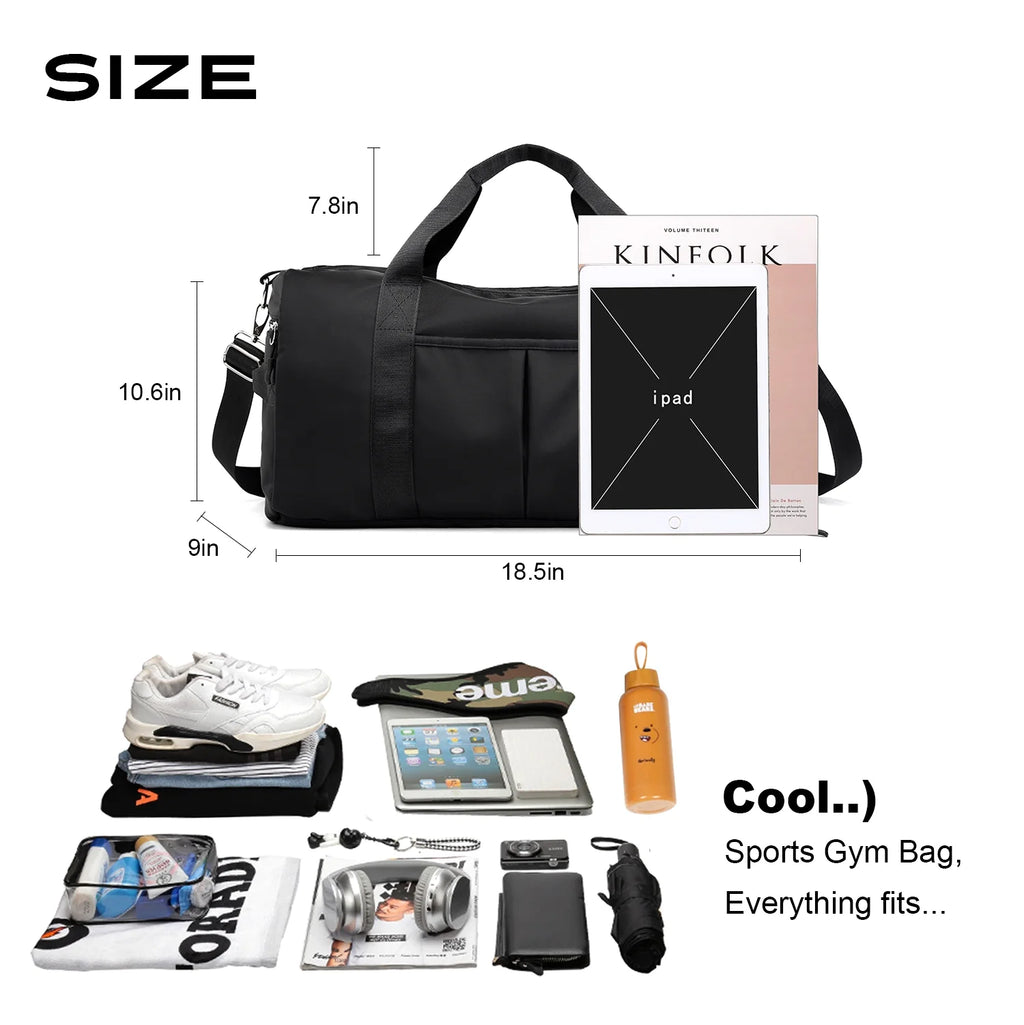 Sports Gym Bag Lightweight Travel Duffel Handbag with Dry Wet Pocket & Shoes Compartment (Black)