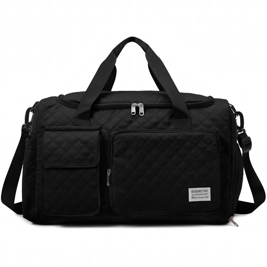 Travel Duffle Bag for Women Men, Weekender Overnight Bags Carry on Gym Bag with Wet Pocket/Adjustable Strap/Shoe Compartment, Foldable Waterproof Duffel Tote for Plane Sports Dance, Black